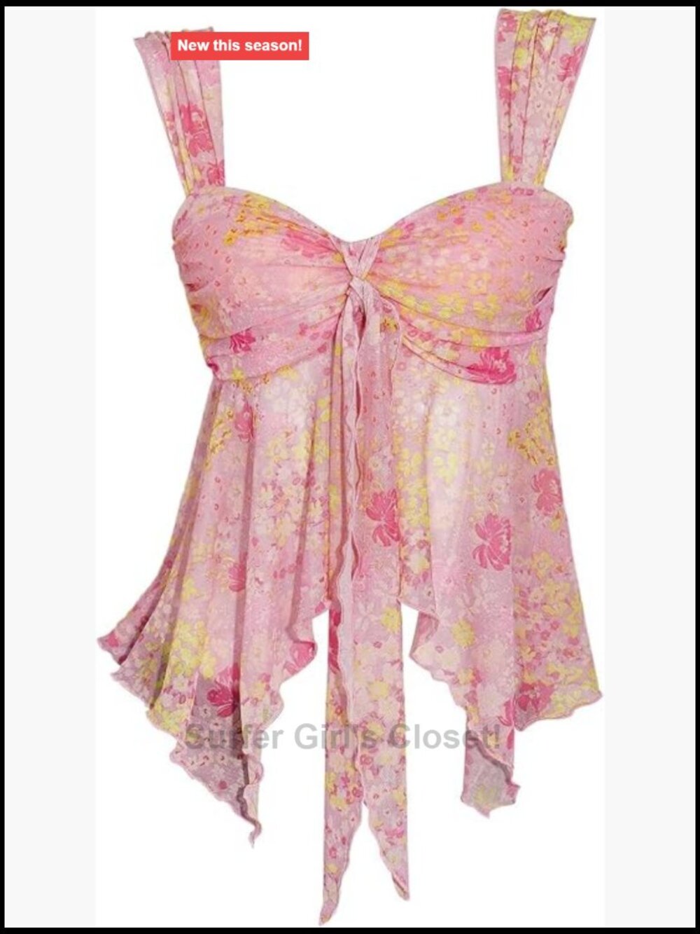 Boho Floral Mesh Asymmetrical Ruffle Tie Front Tank Top